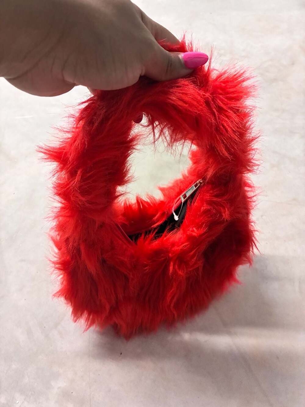 Red Faux Fur Mini Handbag with Zipper Closure
